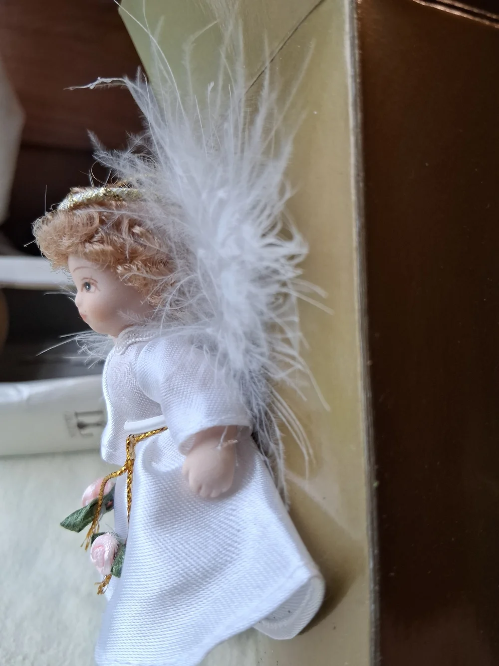 Angel Porcelain Satin Angel Ornament with Pink Rose